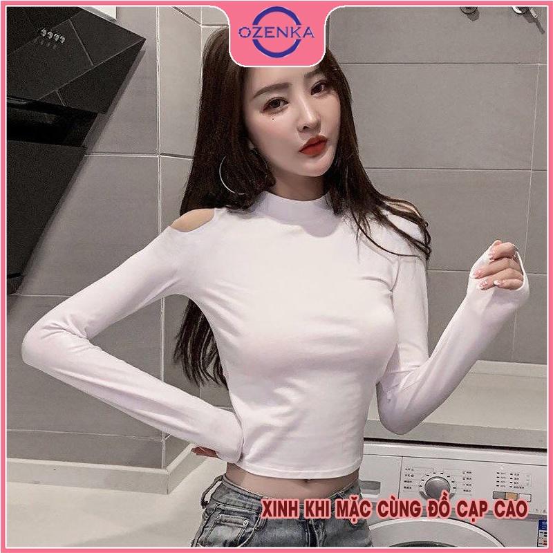 Áo croptop cổ lọ hở vai tay dài , crt ôm body thun gân 100% cotton đen trắng free size dưới 50kg mặc đi chơi