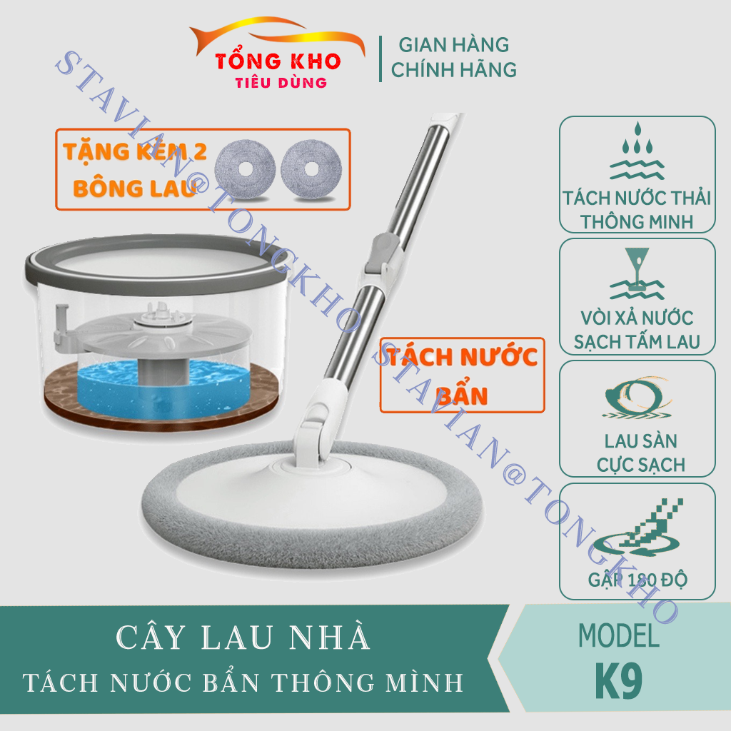 Chổi Lau Nhà Thông Minh tách nước bẩn K9 tròn xoay 360 độ công nghệ nano