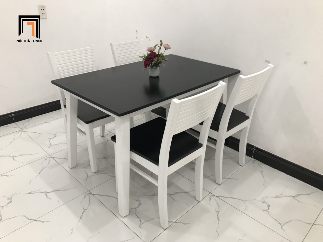 Bộ bàn ghế cherry trắng đen 1m2 gỗ cao su