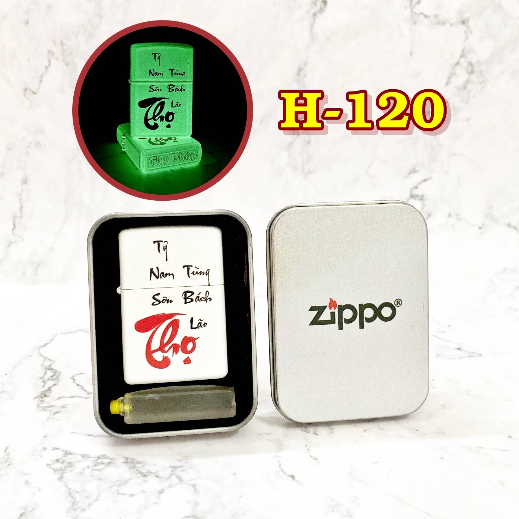 ZIPH120-BẬT LỬA ZIPO CHỮ THỌ THƯ PHÁP &quot;THỌ TỶ NAM SƠN TÙNG BÁCH LÃO&quot; (DẠ QUANG HÚT ÁNH SÁNG) (HỘP THIẾC KÈM XĂNG) H-120