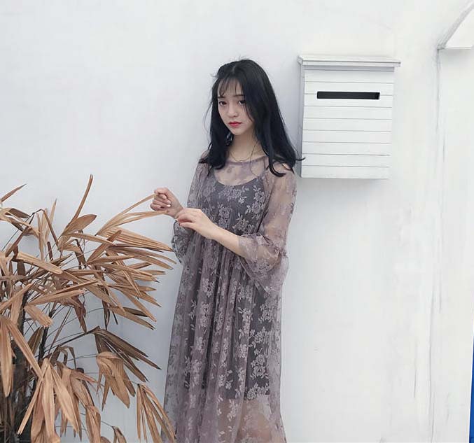 Đầm ren tay chuông hoa văn Mã: DA5109 - NÂU