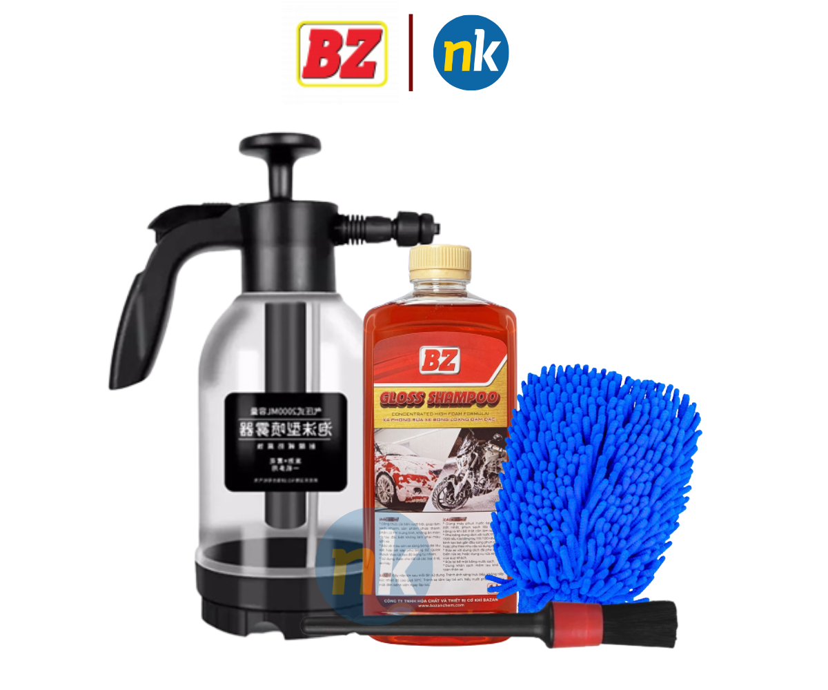 Combo 4 món nước rửa xe BZ, Bình Tạo Bọt Tuyết, Găng Tay Rửa Xe 2 lớp Kèm Cọ rửa chi tiết, rửa xe siêu sạch, siêu sáng bóng