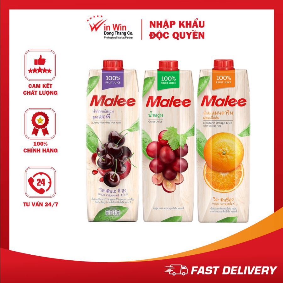 COMBO 3 Hộp Nước Ép Nho + Quýt + Cherry Malee 1L (Thái Lan)