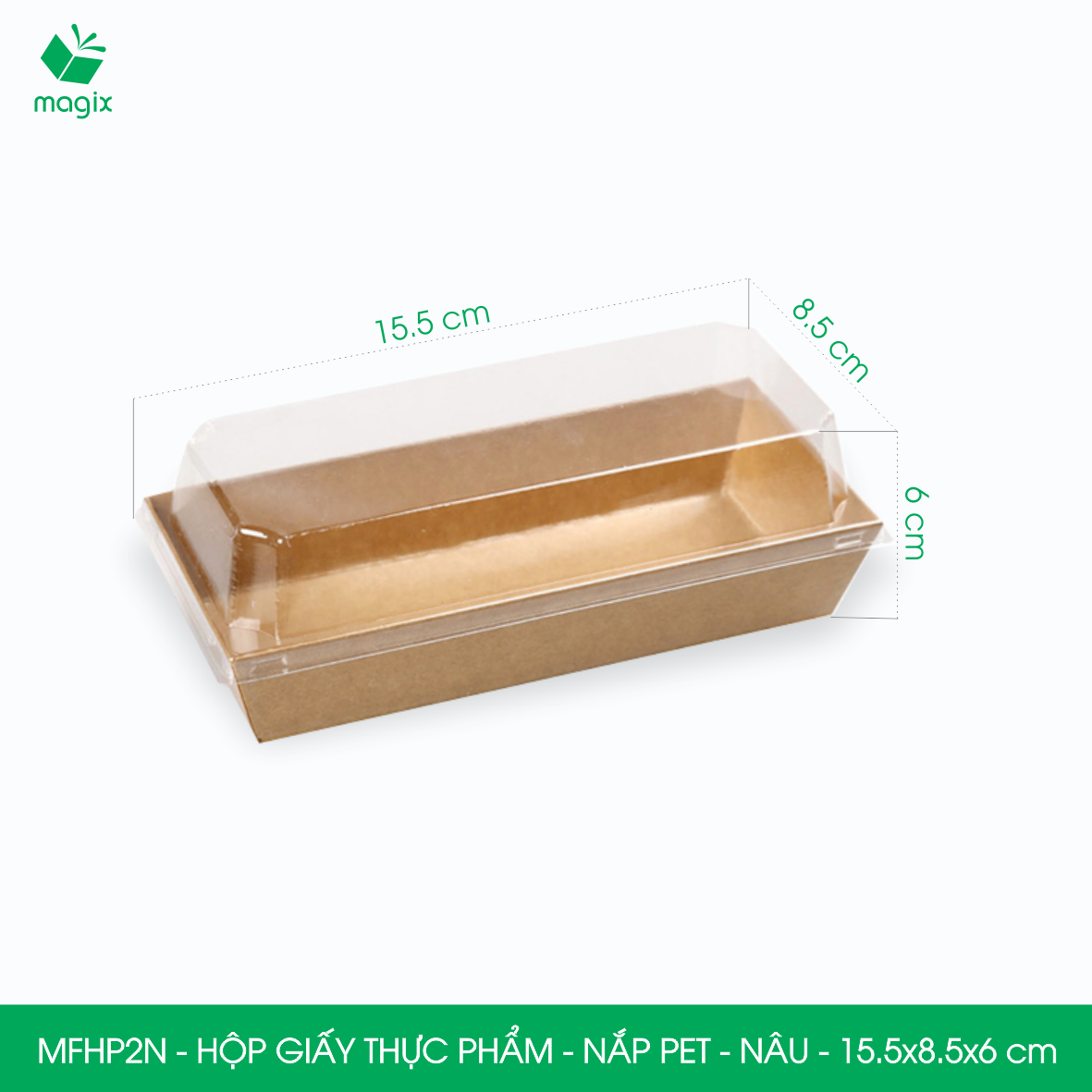 MFHP2N - 15.5x8.5x6 cm - 100 hộp giấy kraft thực phẩm màu nâu nắp Pet, hộp giấy chữ nhật đựng thức ăn, hộp bánh nắp trong