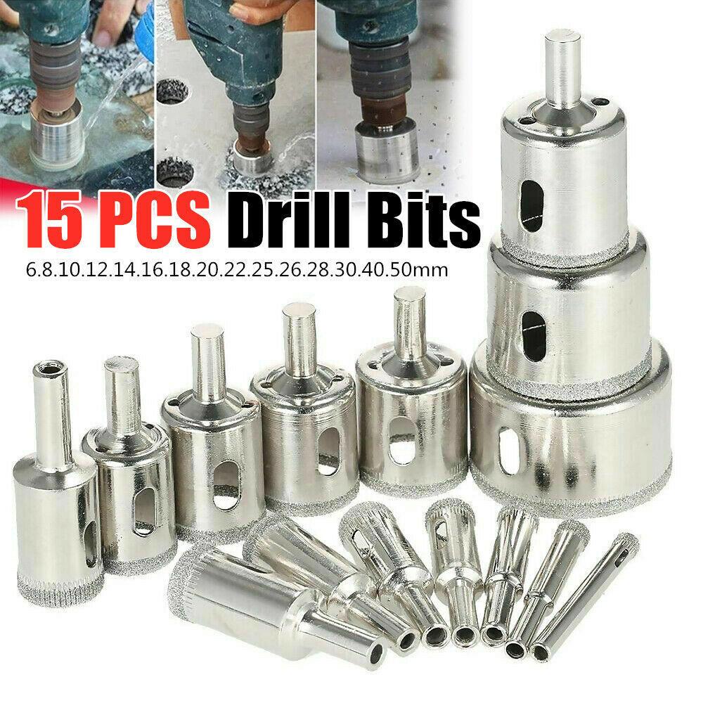 Máy khoan kim cương bit 15pcs 6-50mm lỗ hổng lõi Saws Bộ dụng cụ khoan kim cương BITS CẮT THÉP CARBON CHO GLASS Gốm sứ sứ