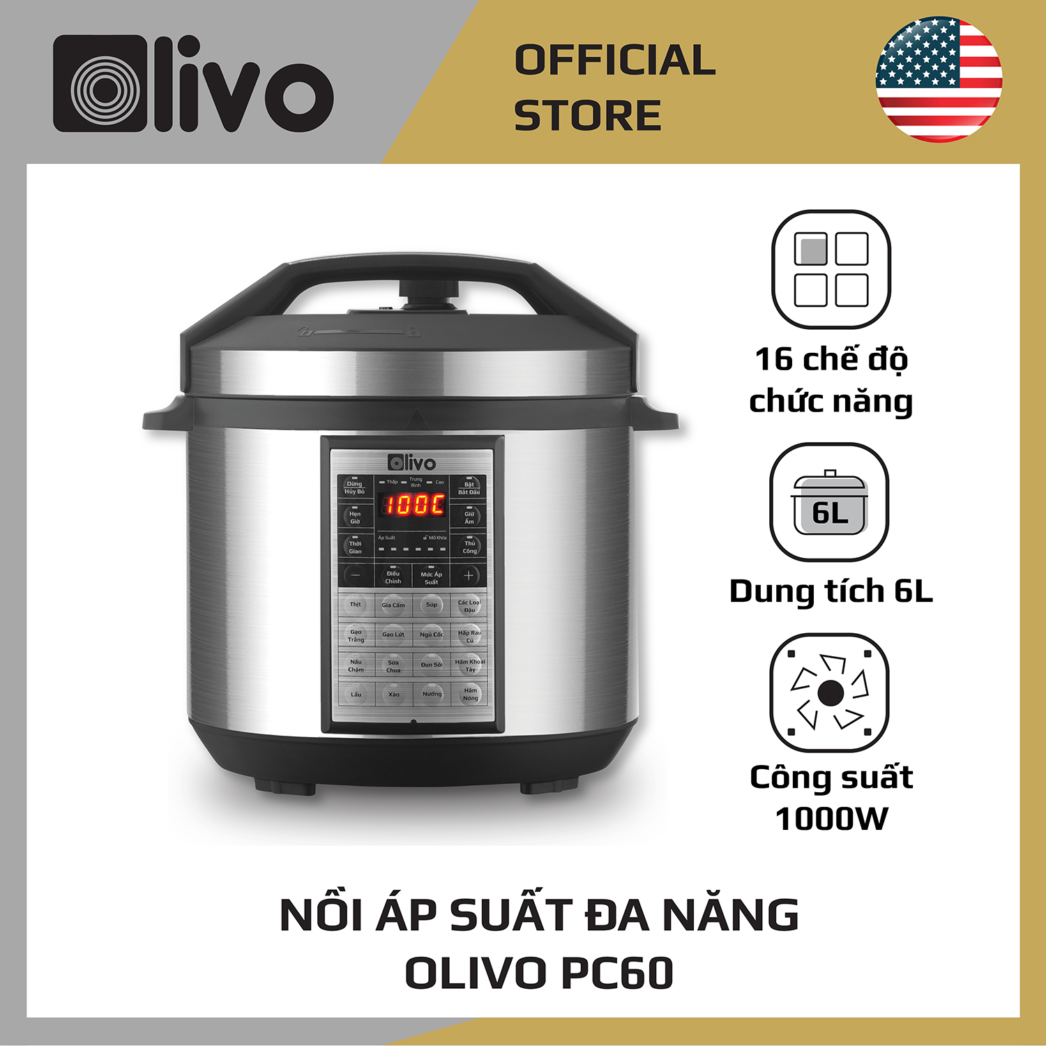 Nồi Áp Suất Điện Đa Năng Olivo PC60 [Hàng Chính Hãng] 16 Chức Năng - Dung Tích 6L - Công Suất 1000W - Thương Hiệu Mỹ