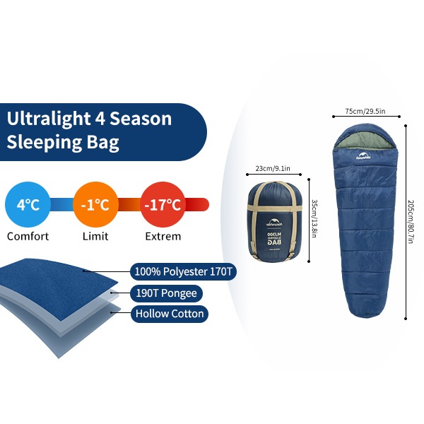 Túi Ngủ Ba Mùa Naturehike MJ300 CNK2300SD014, Túi ngủ Văn Phòng, Nhiệt độ -1℃~ 4℃