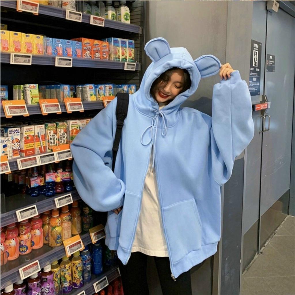 Áo Khoác Nữ Tai Thỏ GẤU Cute Kiểu Hoodie Có Khóa Kéo - Chất Vải Nỉ Ngoại From Rộng Unisex Nón 2 Lớp