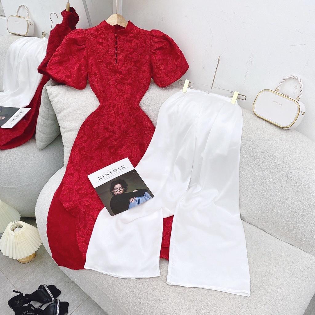 Áo dài đỏ, set áo dài cách tân nữ đẹp, hàng thiết kế có size, chất gấm xốp tay phồng phối quần trắng