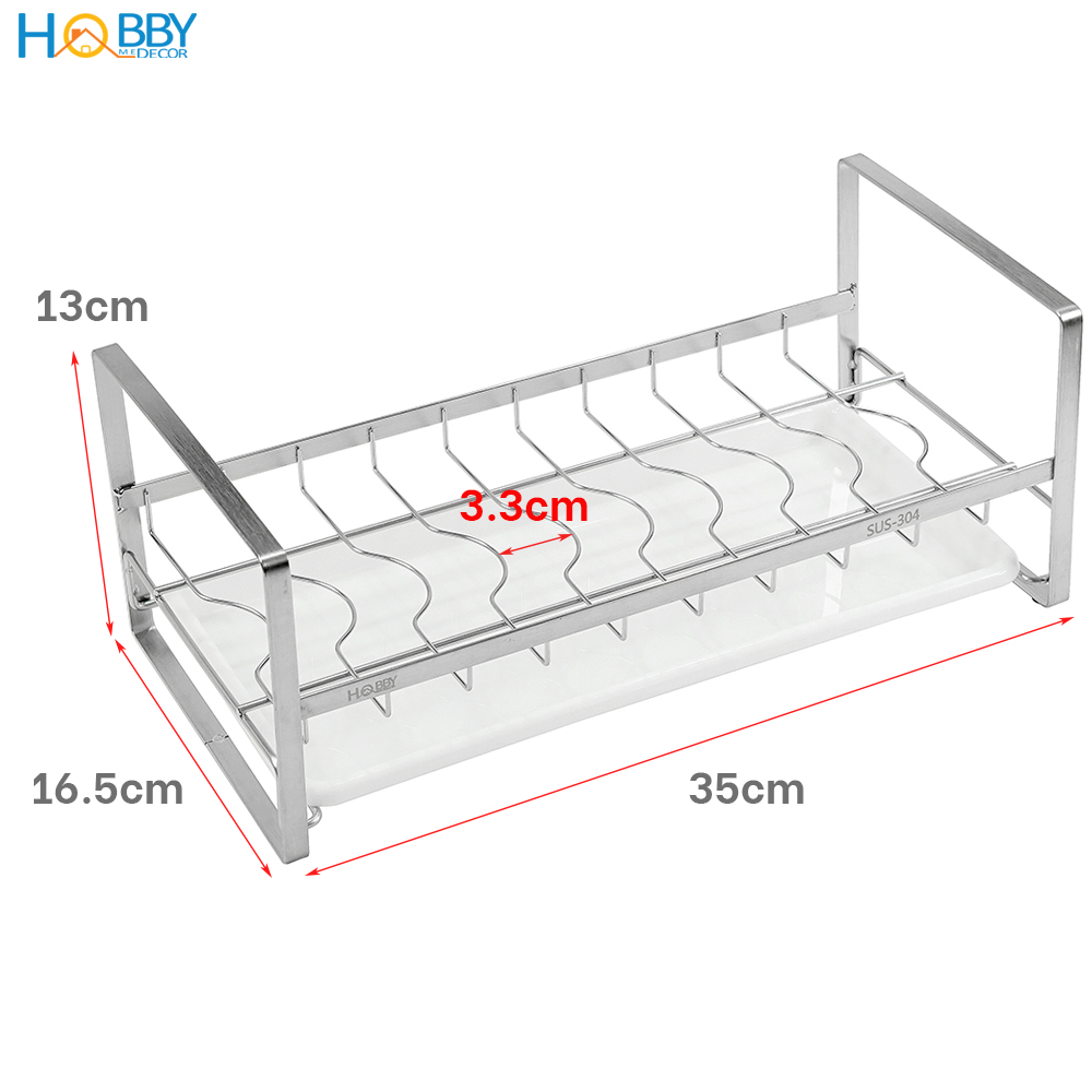 Kệ úp chén 9 ngăn Inox 304 Hobby Home Decor KUC9 - có khay nhựa hứng nước tiện dụng