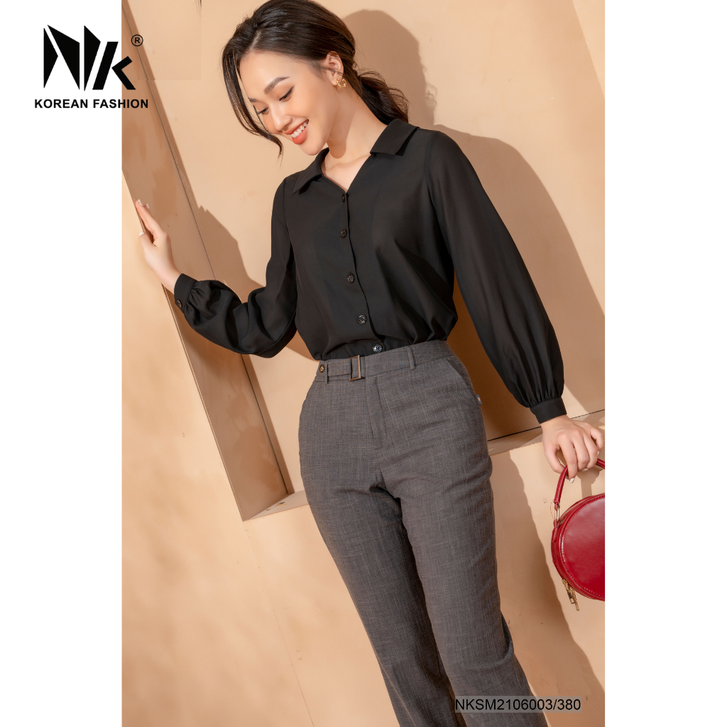 Áo Sơ Mi Nữ Công Sở Dài Tay NK Fashion NKSM2106003 Thiết Kế Cổ Không Chân Tay Bồng Điệu, Chất Liệu Vải Nhập Hàn