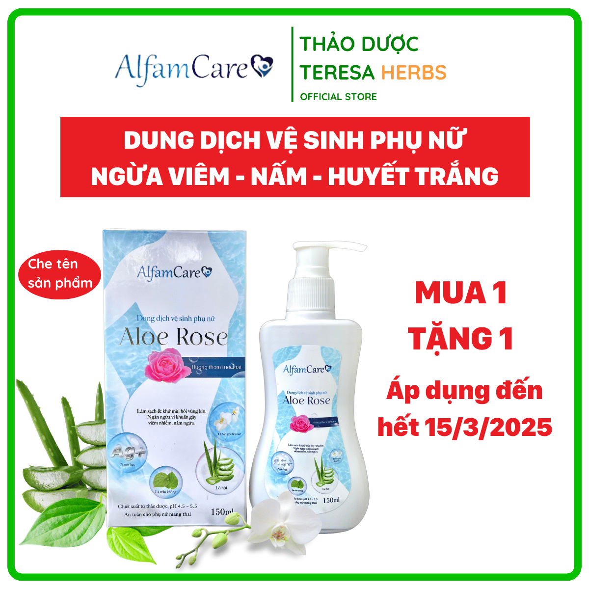 Dung Dịch Vệ Sinh Phụ Nữ Aloe Rose AlfamCare Hỗ Trợ Viêm Nhiễm Phụ Khoa, Nấm Ngứa Chai 150 ml