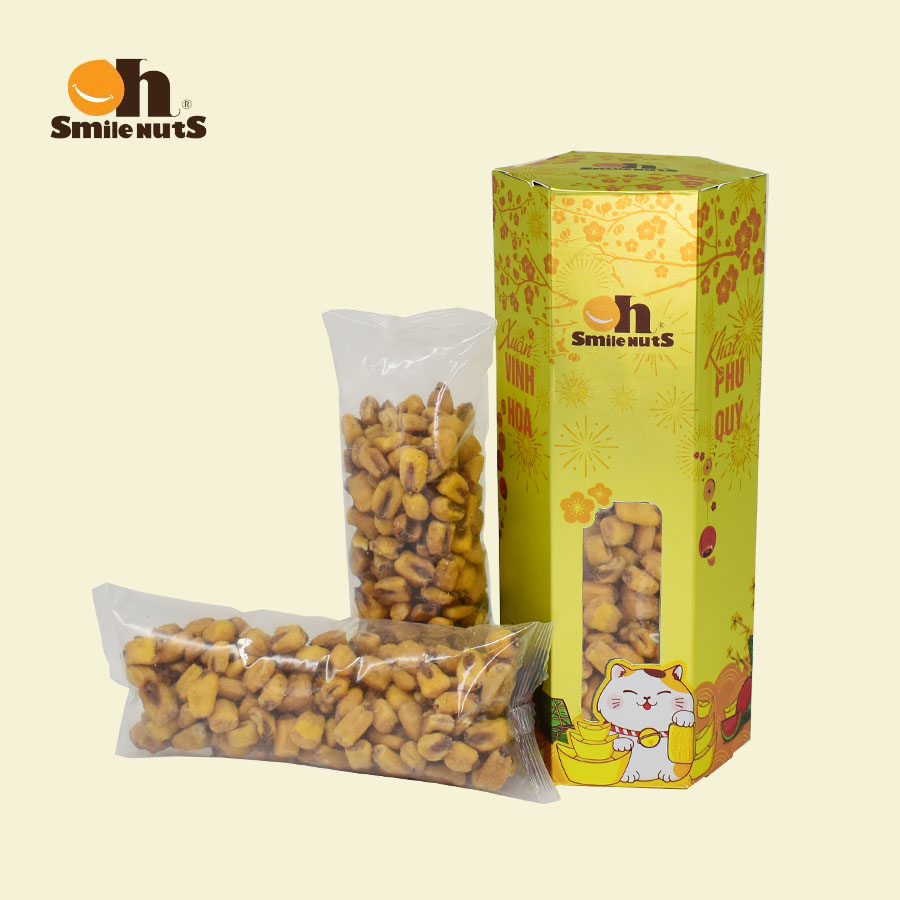 Bắp Sấy Giòn Smilenuts hộp 100g _ Nhập khẩu từ Tây Ban Nha _ Bắp sấy giòn rụm, thơm ngon, tẩm vị vừa ăn _ phù hợp ăn vặt, snack bắp rang/sấy giòn hảo hạng _ Quà tết hộp lục giác 2023