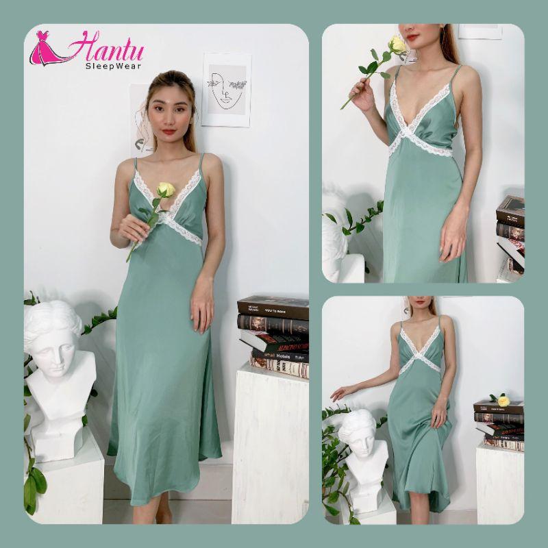 Váy ngủ lụa 2 dây dáng dài qua gối mặc nhà ,đi chơi sang trọng tặng kèm chip ren gợi cảm