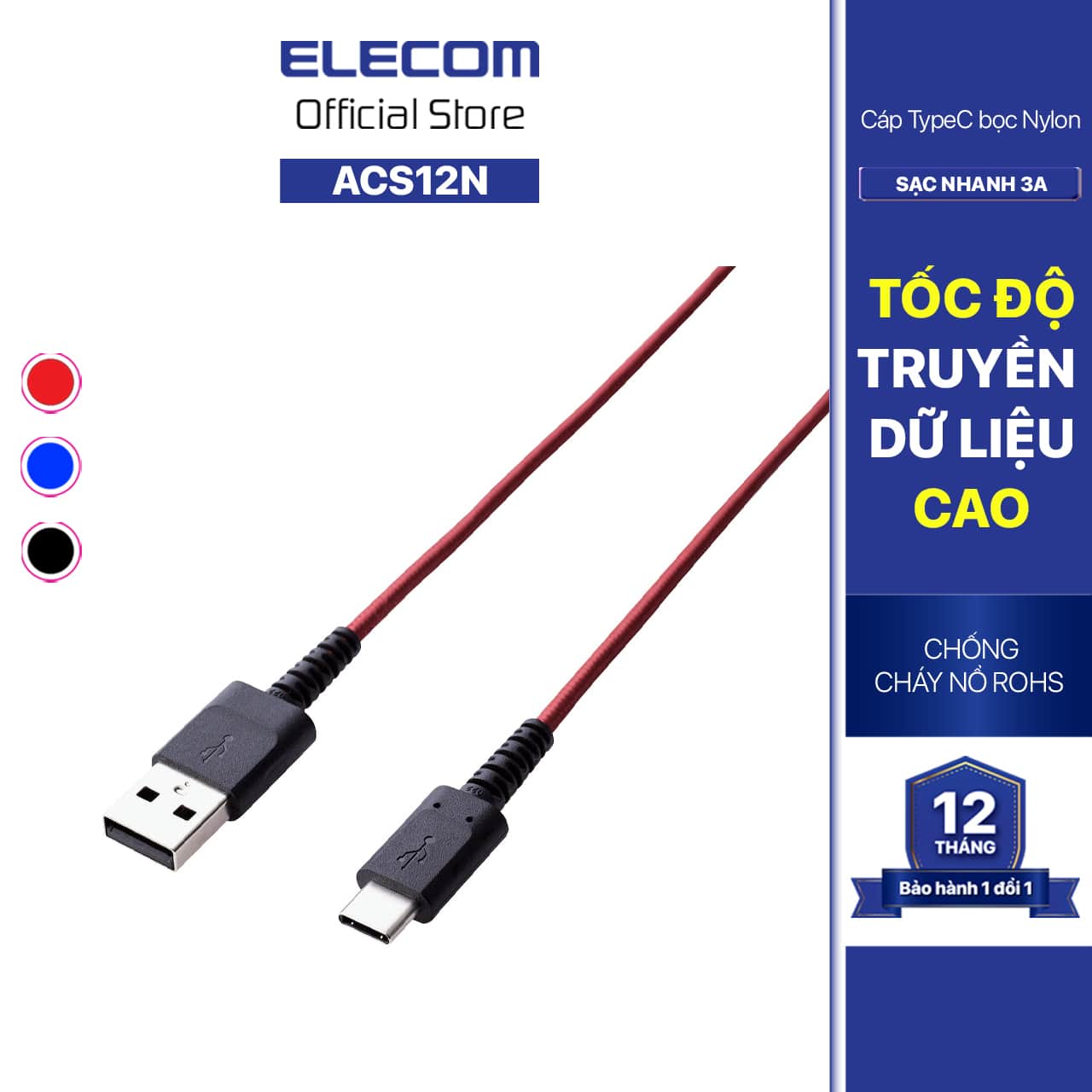 Cáp sạc chuẩn Type-C bọc nylon 1.2M Elecom MPA-ACS12N - Hàng chính hãng