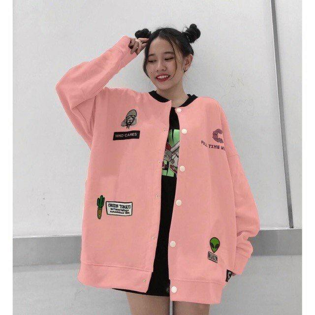 Áo thun nỉ nữ cardigan nút bấm nỉ ngoại form chuẩn in hình trên thân áo dễ thương