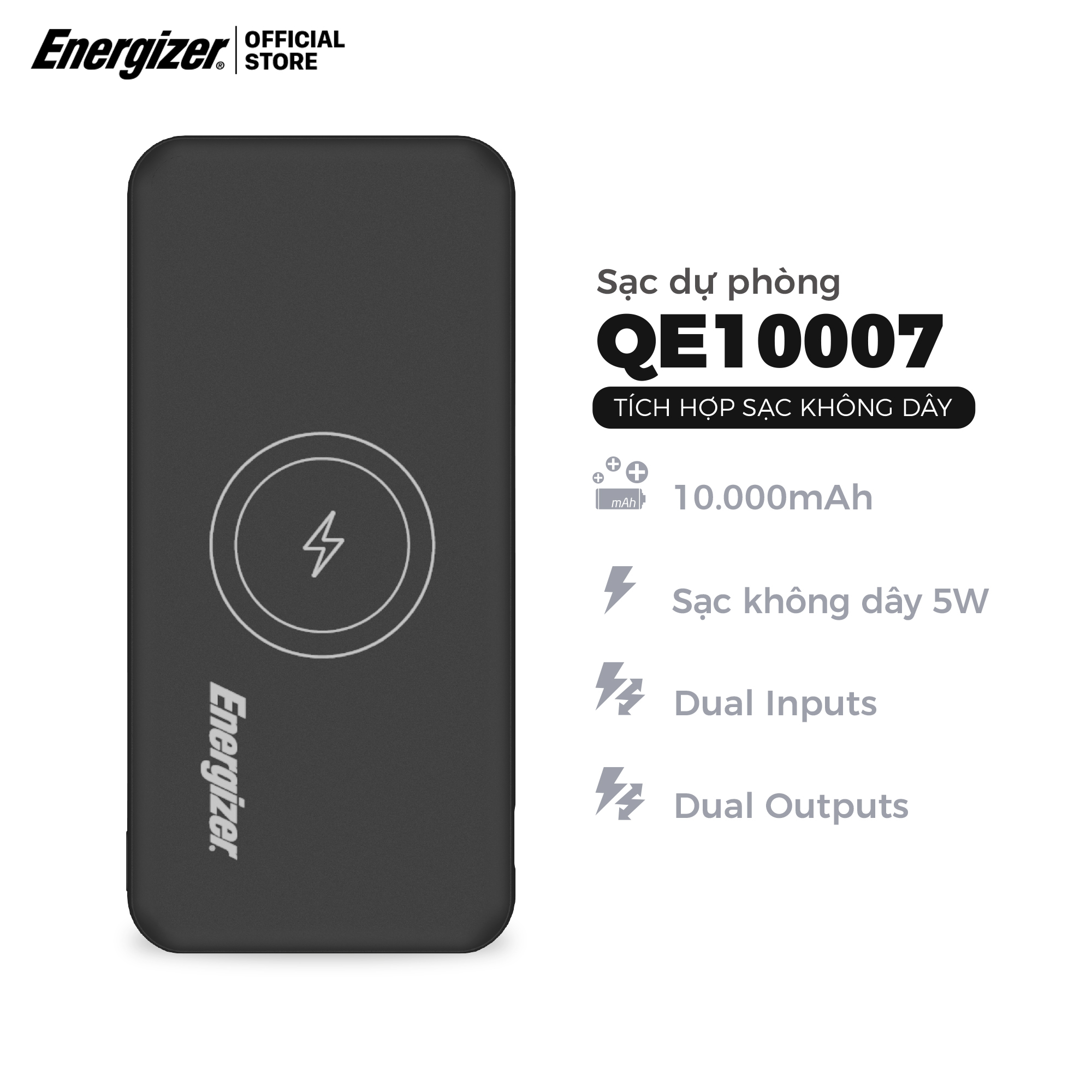 Sạc dự phòng Energizer 10,000mAh /3.7V Li-Polymer - QE10007 - tích hợp sạc không dây Qi 5W - Hàng chính hãng