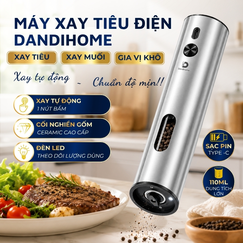 Máy xay gia vị điện DandiHome 110ml - Xay tiêu, muối, điều chỉnh độ mịn, sạc pin Type-C -  ‌Hàng chính hãng Dandihome