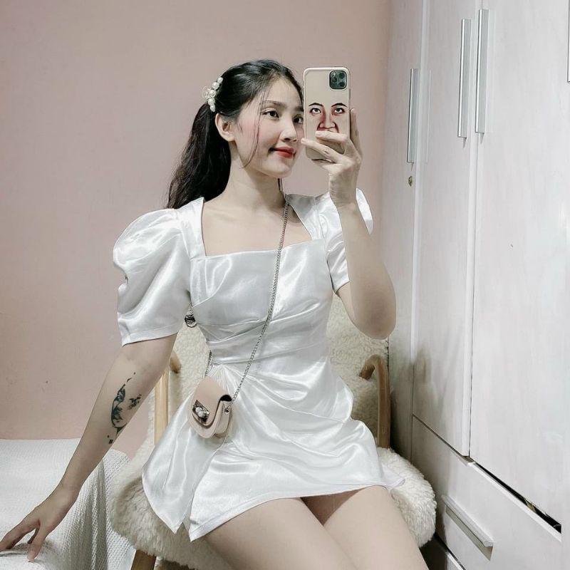 Đầm dự tiệc trắng đỏ bèo hông