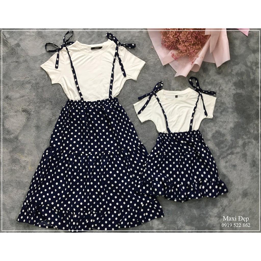 Đồ đôi mẹ và bé set yếm chấm bi siêu xinh( cận cảnh + mẫu mặc+ hàng thiết kế