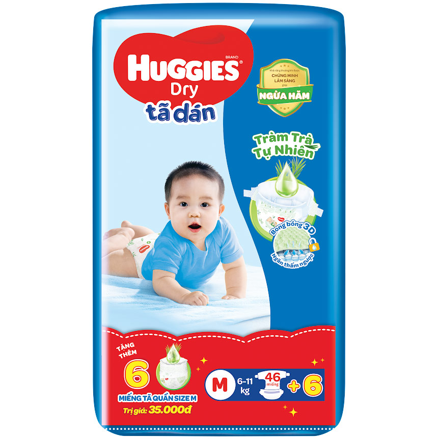 Tã Dán Huggies Dry Jumbo M46 (5-10kg)  - Gói 46 Miếng + Tặng 6 Miếng