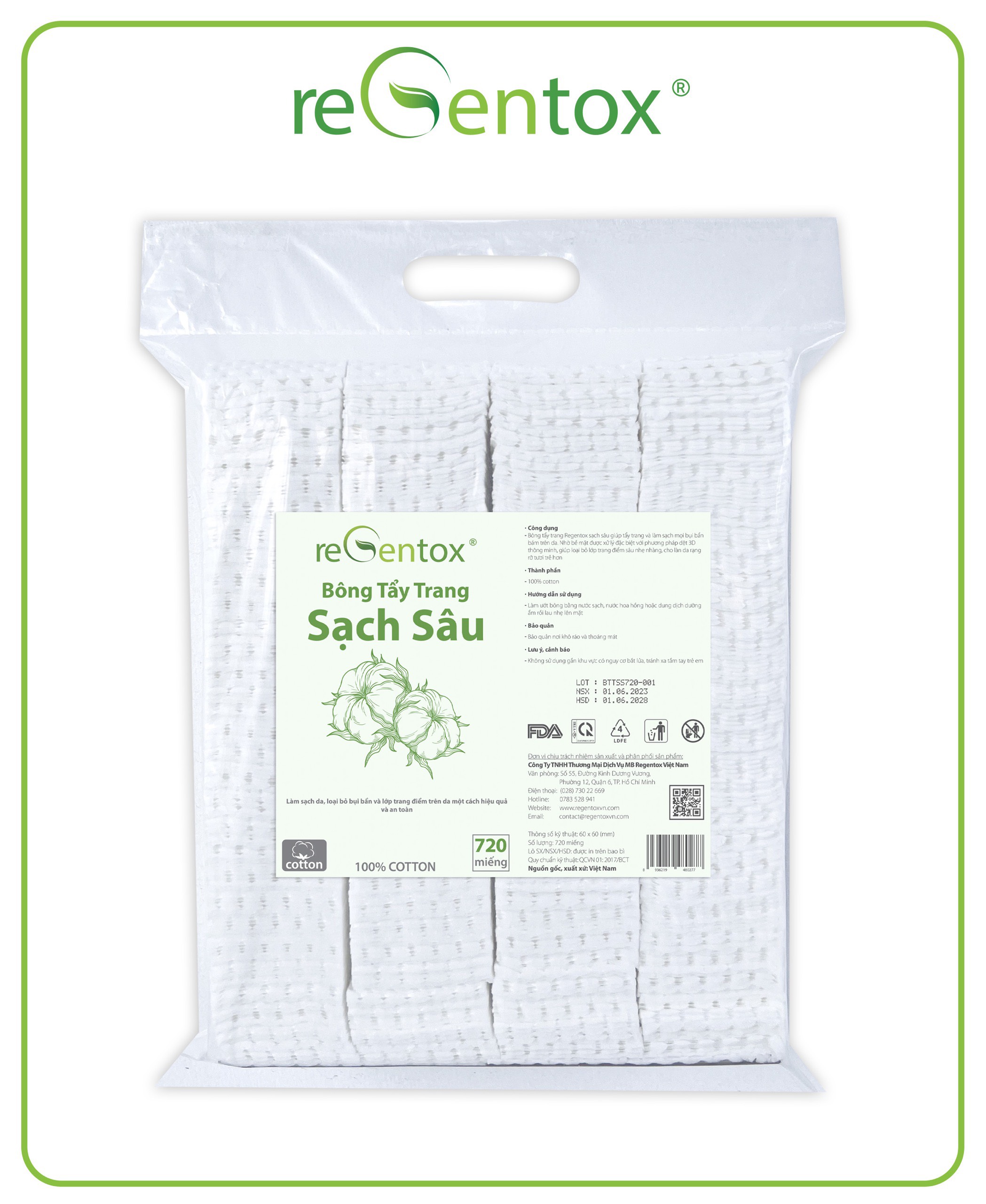 Bông tẩy trang Regentox sạch sâu 720 miếng. lưới tổ ong