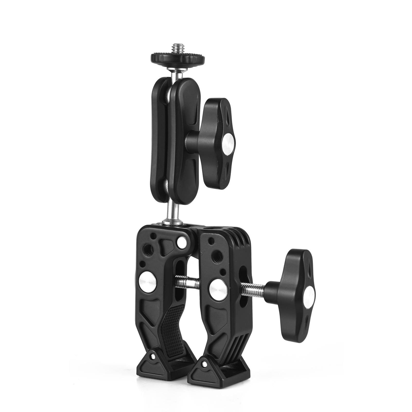 Multi-functional Super Clamp Aluminum Alloy with Dual 360° Rotatable Ballhead 1/4 Inch Screw Connection 1/4 Inch and 3/8 Inch Threads 1.5kg Load Bearing
