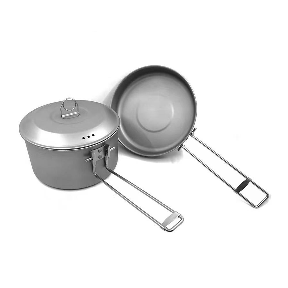 Titanium Camping Cookware Kit Portable Cooking Pan Pot with Collapsable Folding Handle for Camping Backpacking Hiking Barbecue