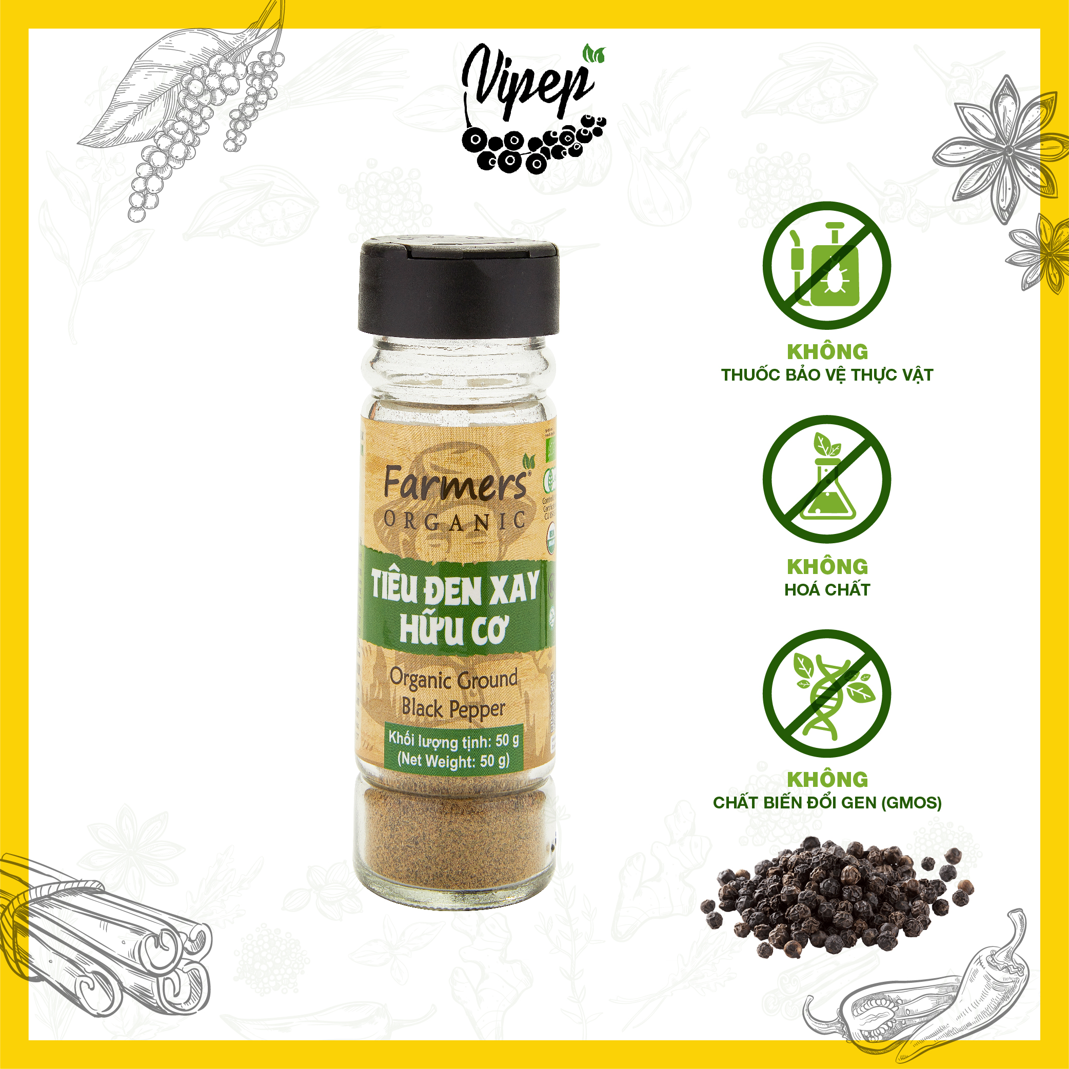 Tiêu Đen Xay Farmers' Organic Hũ Thủy Tinh Vipep 50g - Gia vị Vipep