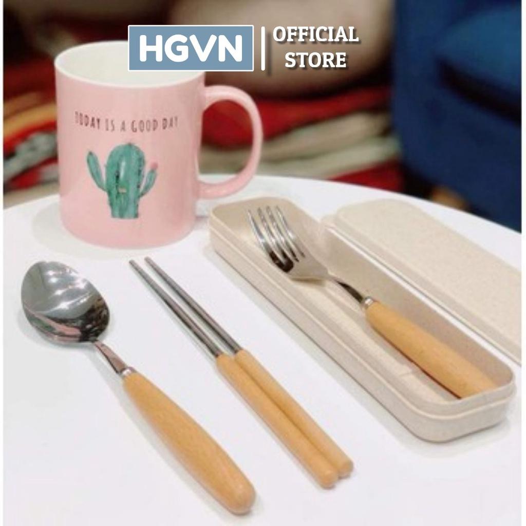 Bộ Thìa Đũa Dĩa Inox Cán Gỗ Sồi Kèm Hộp