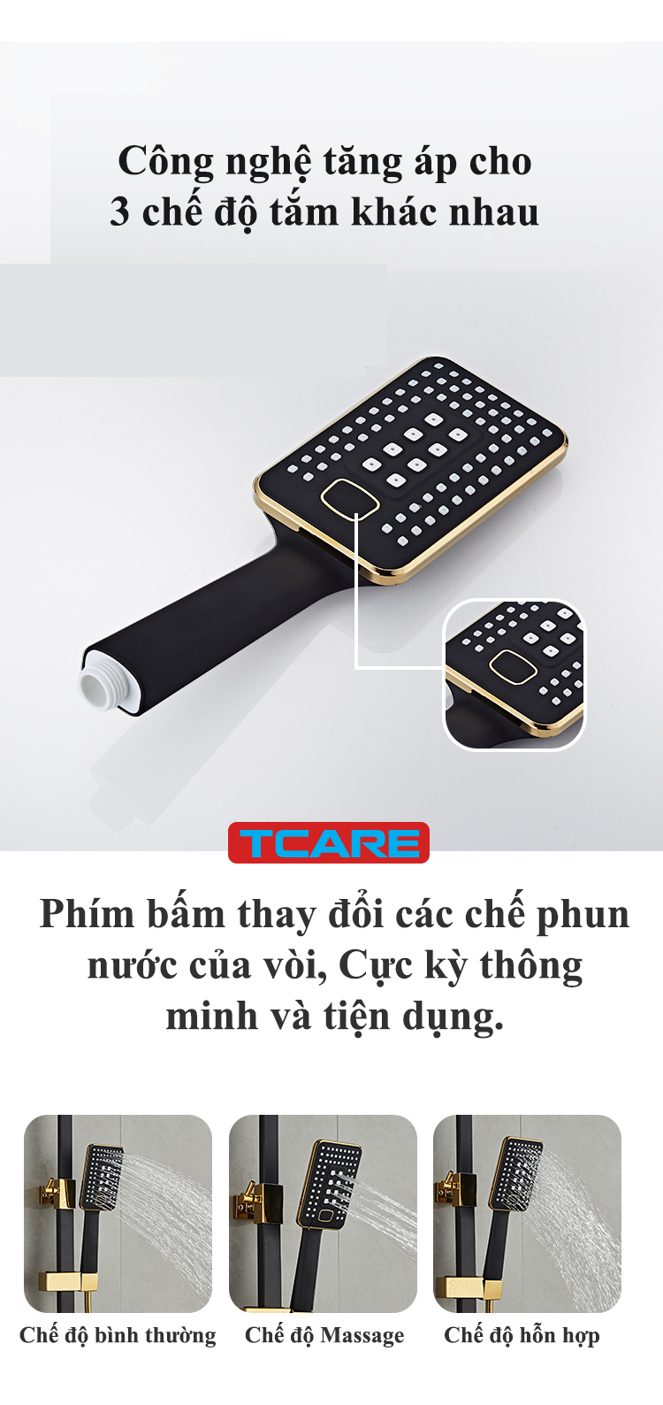 Bộ Sen vòi tắm Điều chính LED nhiệt độ Hiển thị số Tcare Ống Tròn - Hàng chính hãng