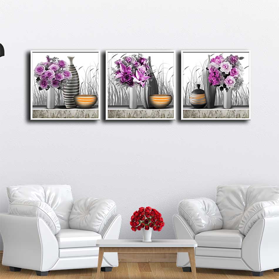 Bộ 3 tranh canvas treo tường Decor Họa tiết bình hoa cách điệu, hiện đại - DC185