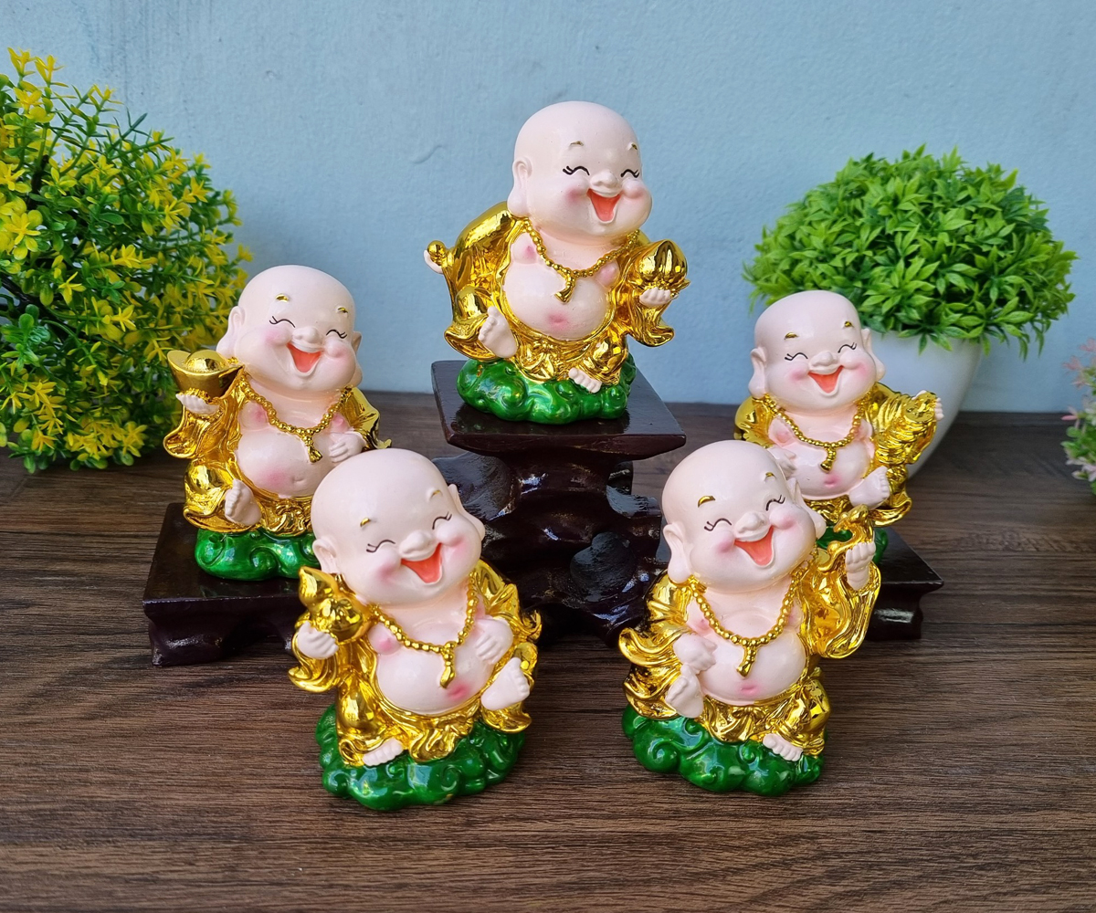 Bộ 05 tượng Di Lặc 9cm xi vàng kèm chân đế tam cấp vuông