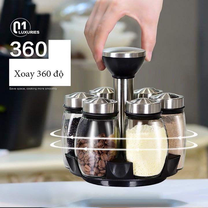 Bộ 6 lọ đựng gia vị thủy tinh kèm giá để xoay 360 độ