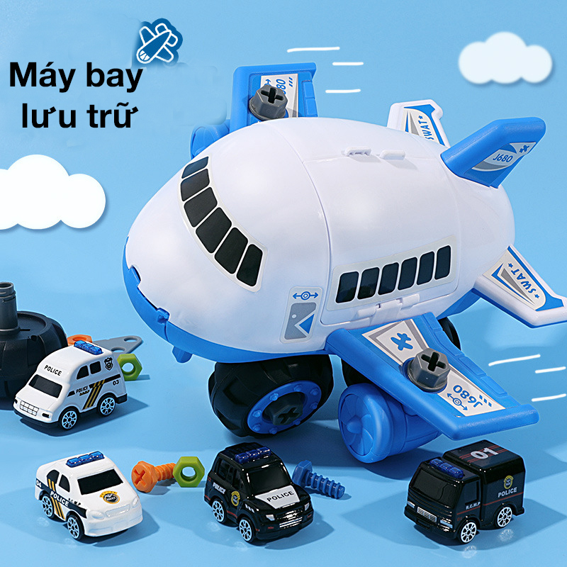 Bộ đồ chơi máy bay kèm 4 xe cảnh sát KAVY có tua vít, biển báo rèn luyện kĩ năng thực hàng sáng tạo cho bé, nhựa nguyên sinh an toàn