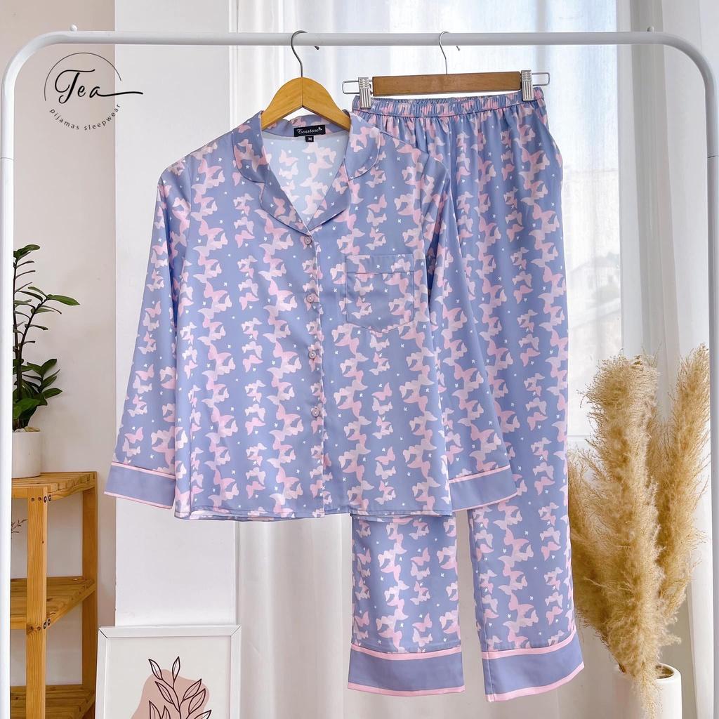 Bộ Mặc Nhà Pyjama Lụa Cao Cấp Tea Store Tay Dài Quần Dài Họa Tiết Cánh Bướm Tím 2022