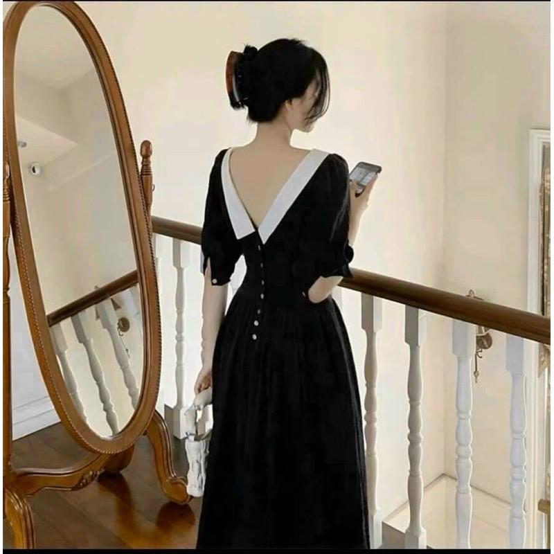 ĐẦM MIDI ĐEN PHỐI CỔ TRẮNG PHỐI NÚT SAU LƯNG