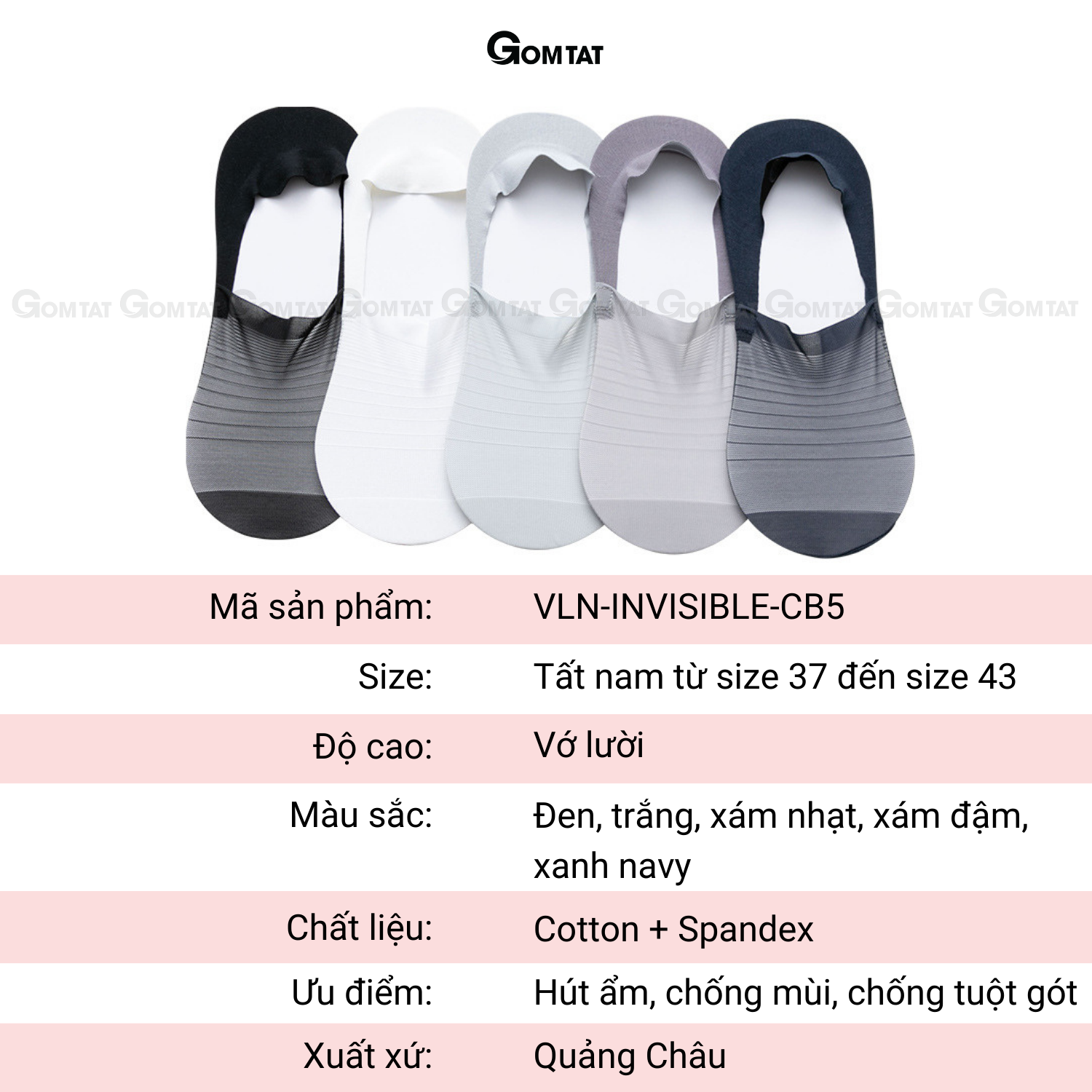 Set 5 đôi tất lười nam Invisible, tất tàng hình nam đi giày lười phối lưới thoáng khí, đệm cao su chống trượt VLN-INVISIBLE-CB5