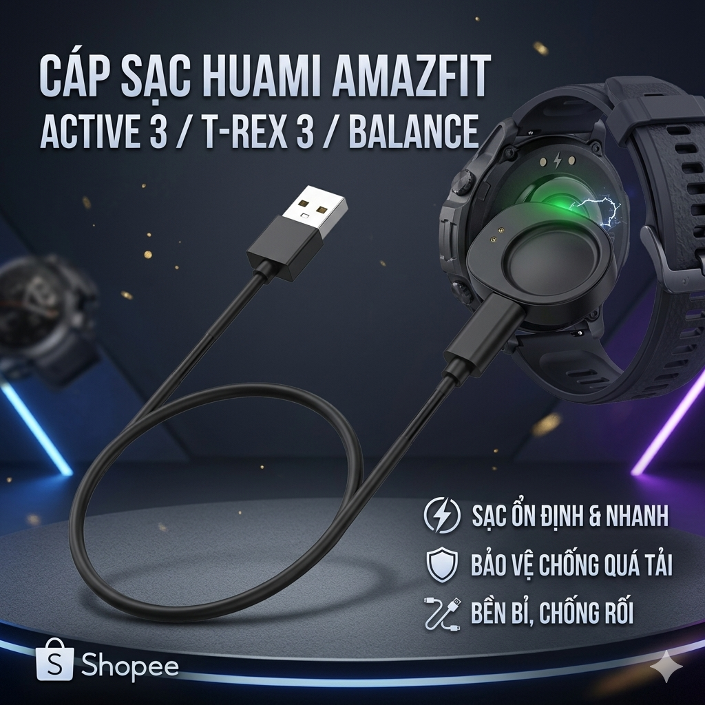 Cáp Sạc Đồng Hồ Amazfit Active 3 / T-Rex 3 / Balance - Dây Sạc Nam Châm Từ Tính Nhanh, An Toàn_ Hàng chính hãng