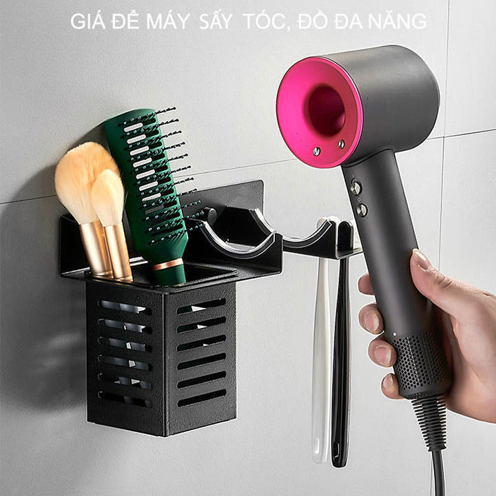 Giá để máy sấy tóc, bàn chải đánh răng đa năng, dùng keo dán tường không cần khoan, làm bằng hợp kim nhôm mạ màu đen