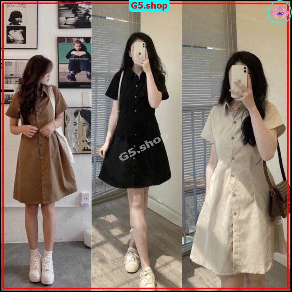 Hình ảnh Đầm váy nữ basic fashion cổ sơ mi cài cúc chiết eo lưng chun, váy nữ cộc tay nhiều màu ĐEN TRẮNG KEM NÂU G5