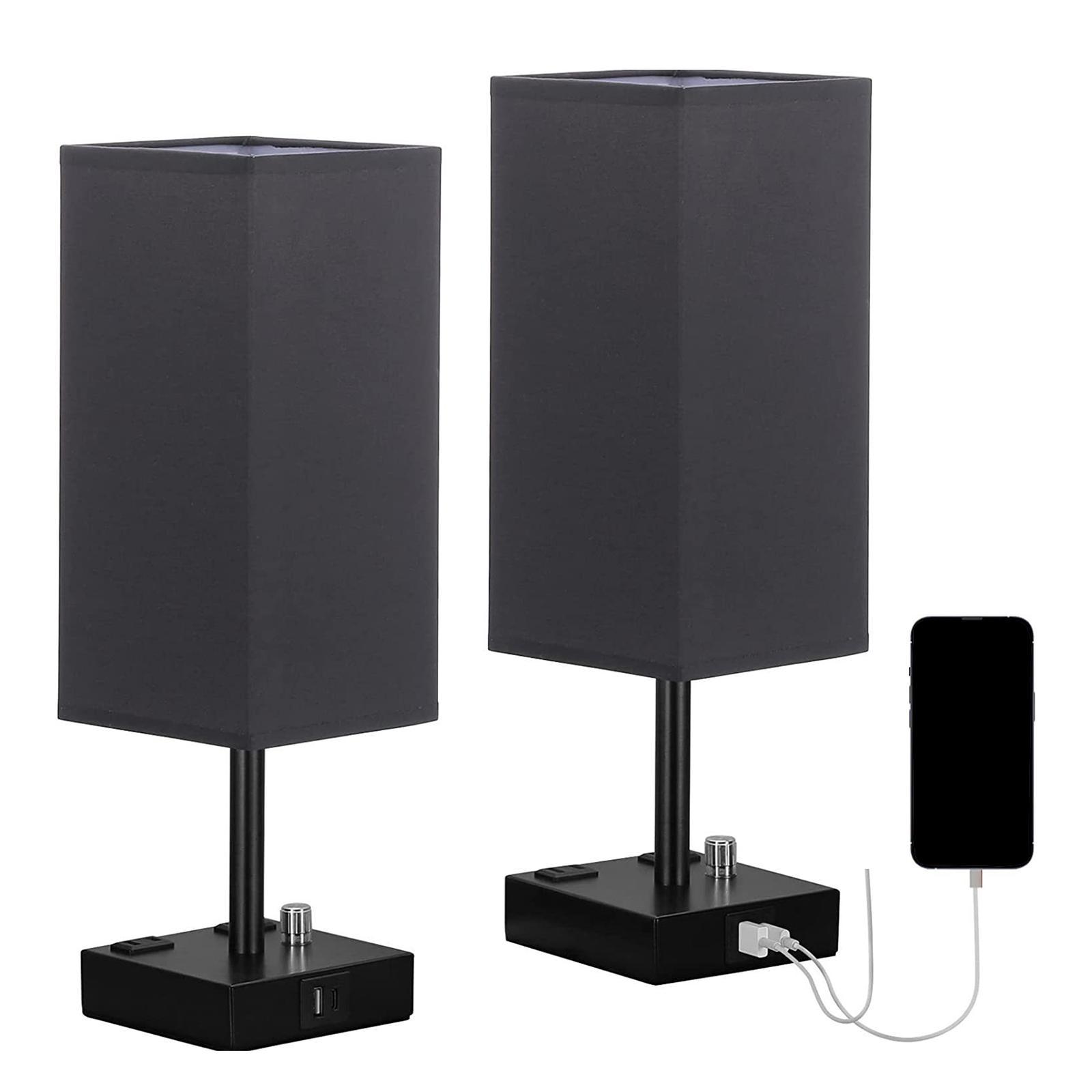 Bedside Lamp, Table Lamp with USB Ports and Outlets with Linen Shade Dimmable NightStand Lamp, Desk Lamp for Room Decor