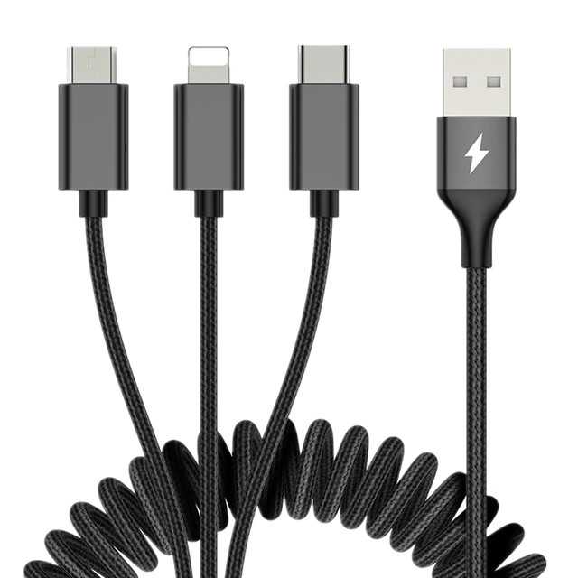 Dây cáp sạc nhanh lò xo 3.3A 3 in 1 Lightning / Type-C / Micro USB hiệu ROCK dài 200cm (Sạc cùng lúc 3 thiết bị, chip sạc thông minh) - Hàng nhập khẩu