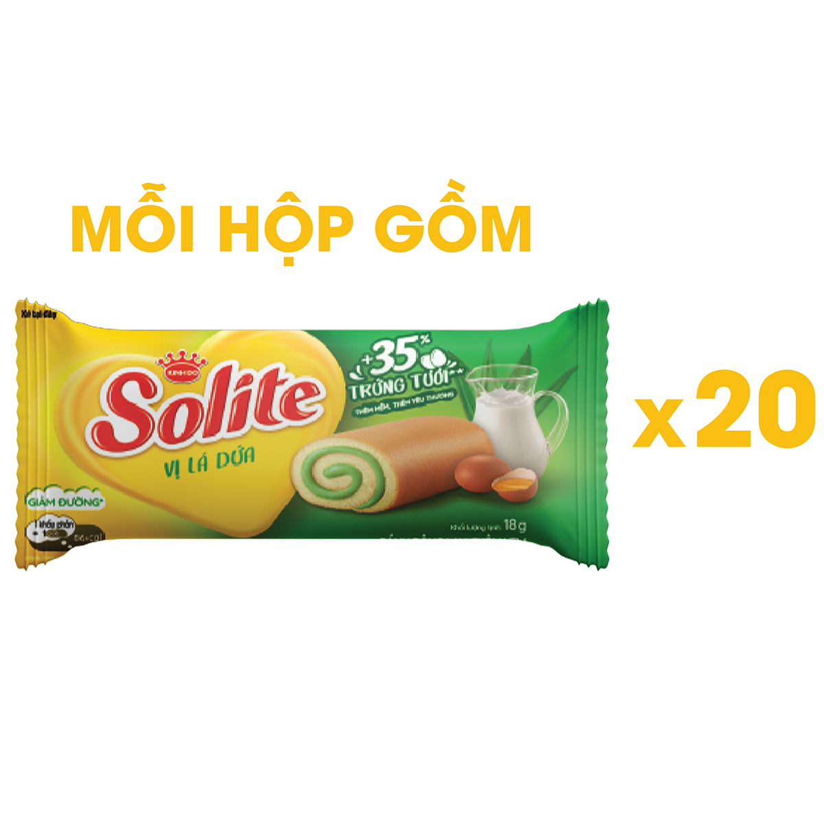 Combo 2 khay Solite bánh dinh dưỡng bông lan cuộn, giảm đường, vị lá dứa 2x360g