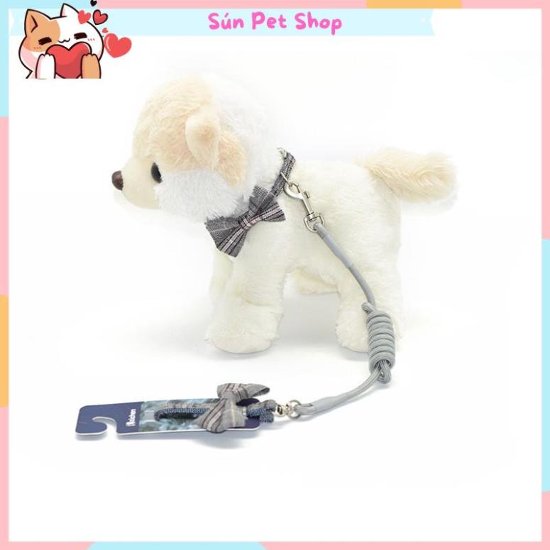 Dây dắt thú cưng đi dạo với vòng cổ nơ họa tiết kẻ