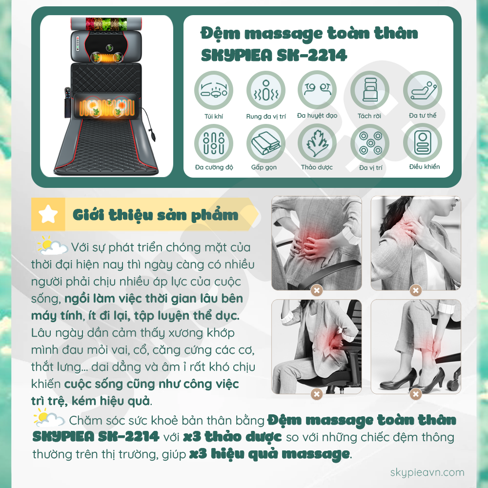 Đệm massage toàn thân hồng ngoại da PU - thương hiệu SKYPIEA - model SK-2214 - mát xa cổ, vai, gáy - gối massage
