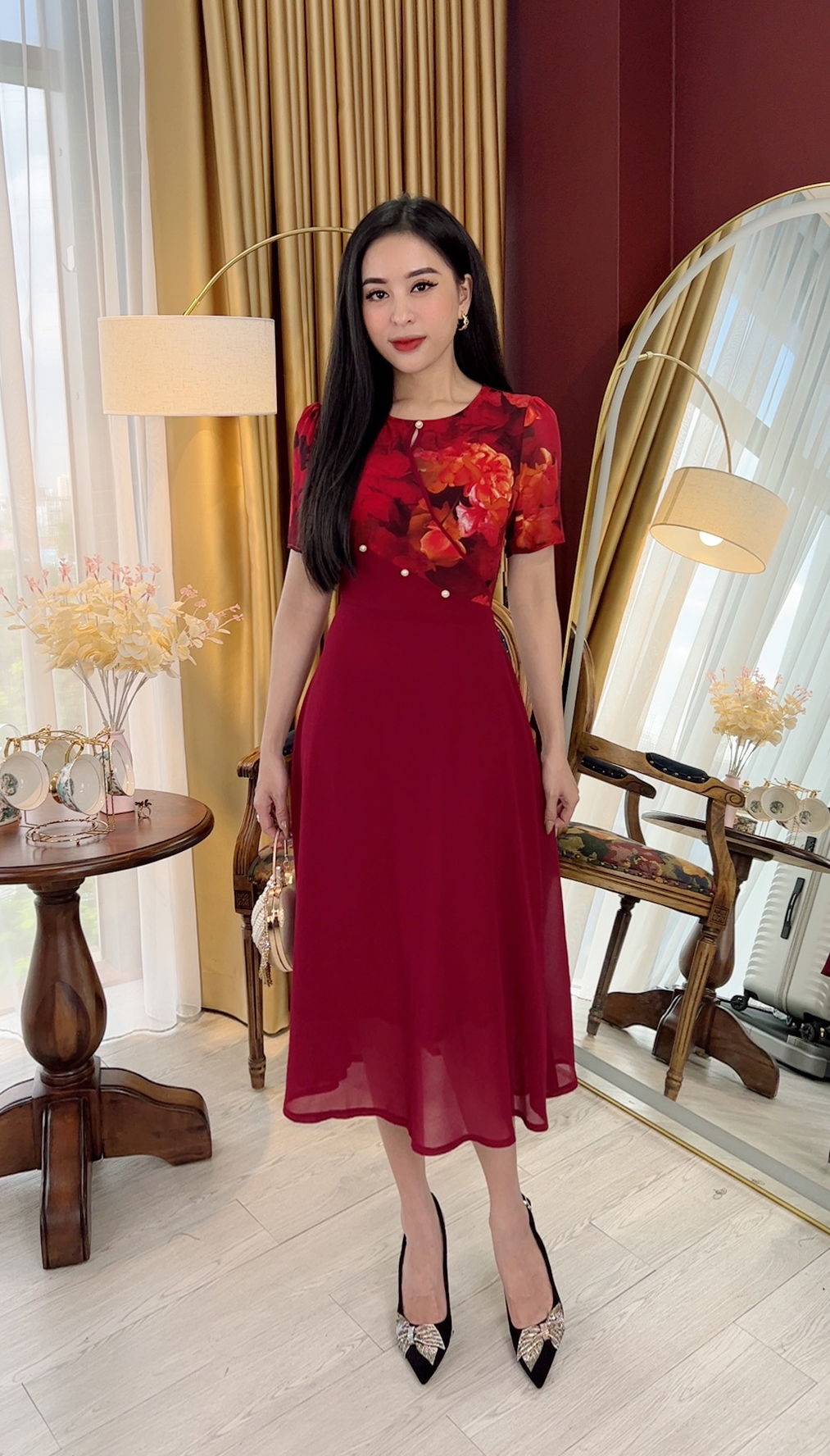 Đầm Đi Tiệc Trung Niên [ Linh Trà ] (TM 736) Cao Cấp Màu Sắc Trẻ Trung Tươi Sáng Họa Tiết Sang Trọng Đi Làm Đi Tiệc