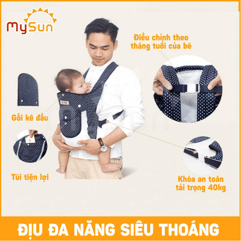 Hình ảnh Đai địu vải 4 tư thế có đỡ cổ cho bé sơ sinh, trẻ em 36 tháng tuổi ngồi xe máy an toàn - MySun