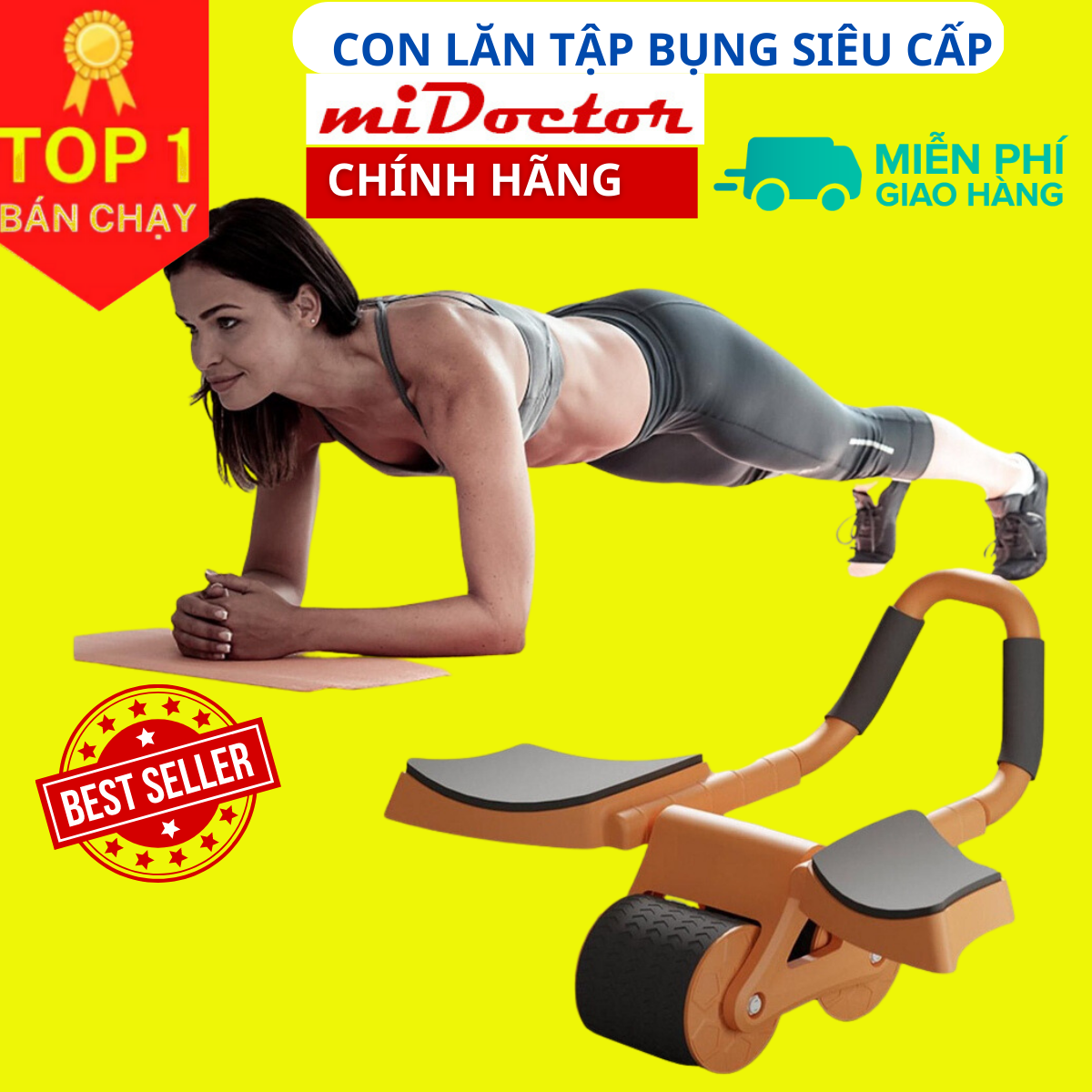 Con lăn Tập Cơ Bụng Bánh Xe Trợ Lực mi02 Thế Hệ Mới 2023 hỗ trợ tập Plank Kèm Bệ Tỳ Tay, Đồng Hồ, Đệm Gối - Chính Hãng miDoctor