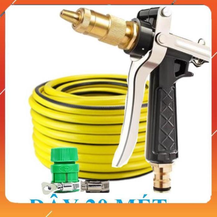 Vòi Xịt️Evoucher Bộ dây vòi xịt nước rửa xe, tưới cây , tăng áp 3 lần, loại 20m 206236 đầu đồng, đai, nối vòi vàng